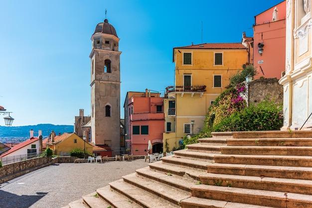 Campanile on the mail square of the maritime village of Cervo, on the Italian Riviera