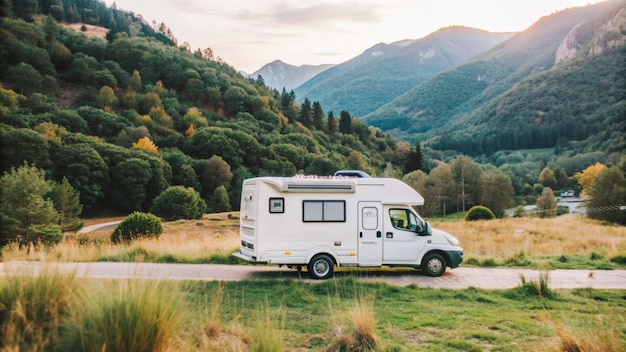 Photo camper car a white camper on a nice landscape in france as a background