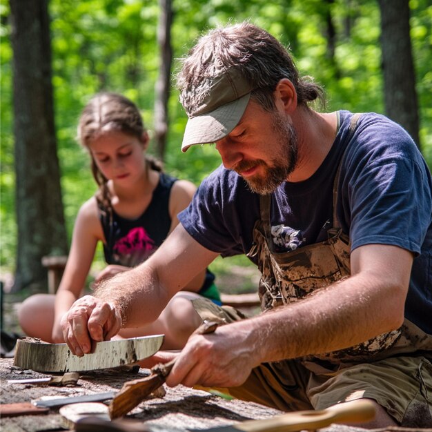 Photo camper demonstrating how to use a knife for carving tools and traps