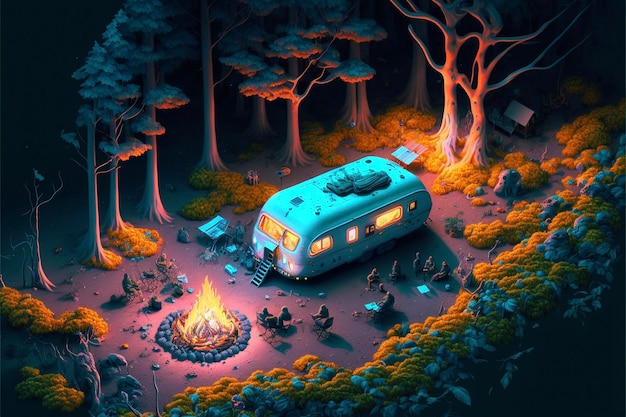 Camper sits next to a campfire in the woods generative ai