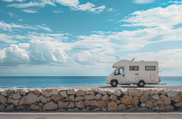 Camper on a stone wall by the sea with blue sky