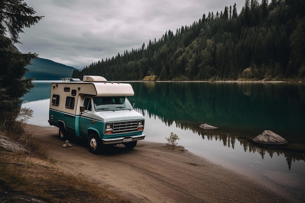 A camper van parked on a beach next to a lake.