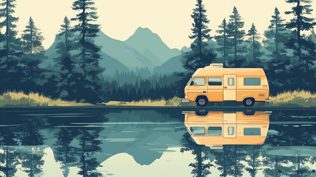 Photo a camper van parked by a lake in the forest with a mountain range in the distance