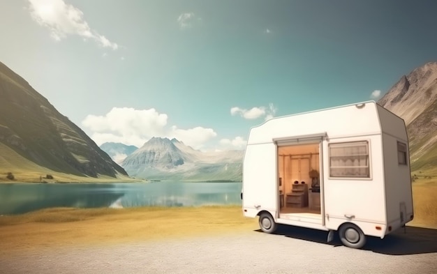 A camper van with a mountain in the background