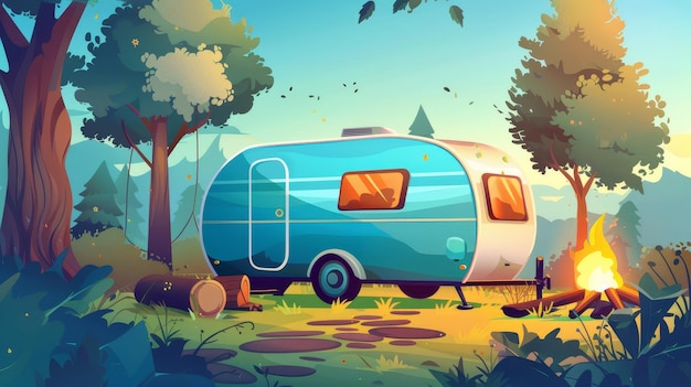 Photo campervan standing with tent and open door in forest near large wood trunk as seat and logs on bonfire pit cartoon summer scene with caravan for outdoor travel and relaxation