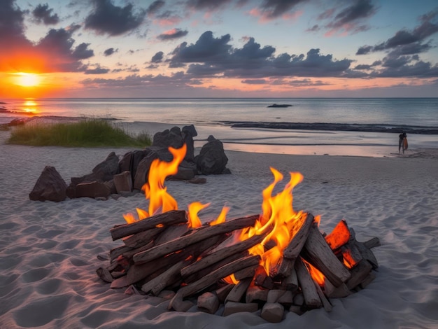 A campfire on a beach with the sun setting behind it