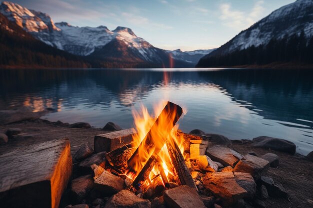 Campfire burning beside a rugged cliff with ocean views