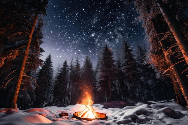 Campfire burning bright in snowy forest with view of the stars above