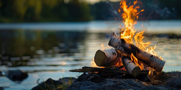 Photo a campfire burning brightly by the lake at sunset surrounded by trees creating a warm and inviting atmosphere