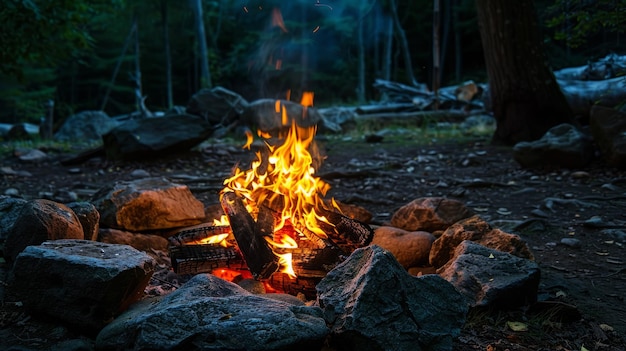 A campfire burning brightly at night surrounded by rocks warm glow illuminating the forest