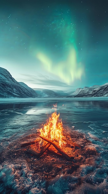 Campfire burning in the mountains at night during winter with frozen lake and forest