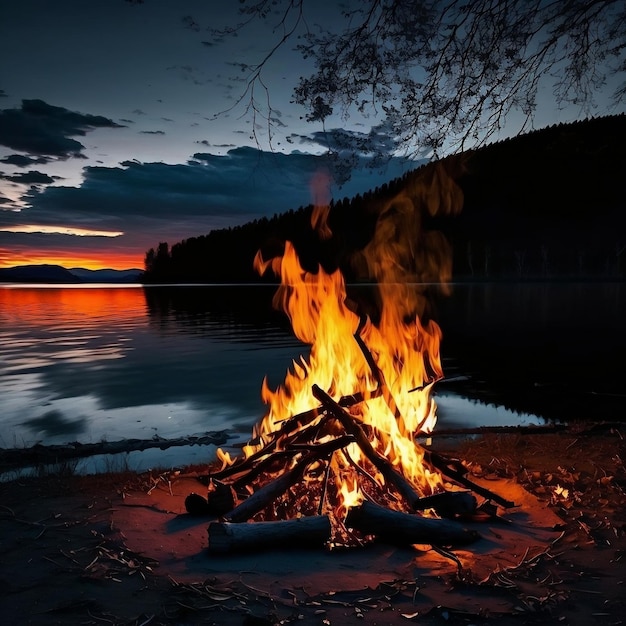 Campfire by the lake Beautiful lake side view with campfire Generative AI