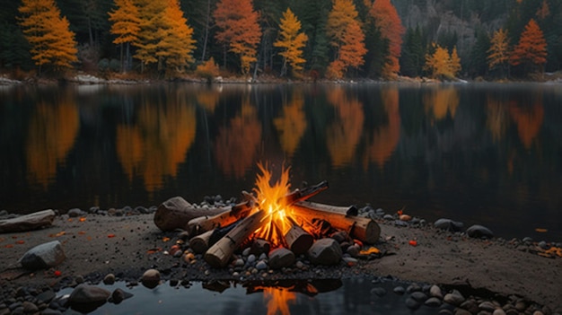 Photo a campfire by the lake with the trees in the background