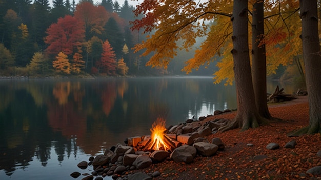 Photo a campfire by the lake with the words  fire  on the water