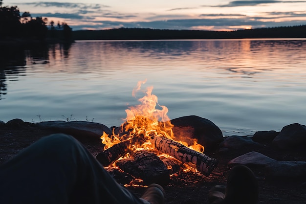 Photo campfire by a lakeside at sunset with a tranquil view