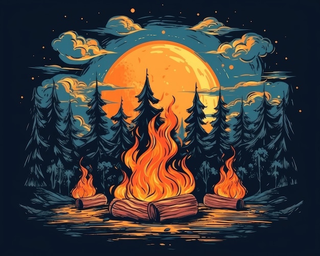 The campfire flames burned brightly Illustration Generative AI