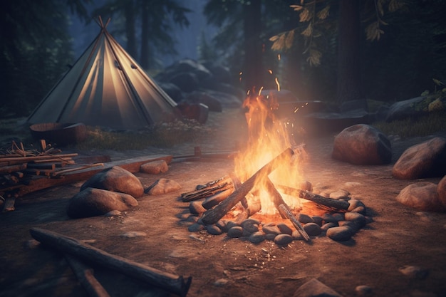 A campfire in a forest with a tent in the background