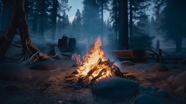 A campfire in a forest with a tree in the background.