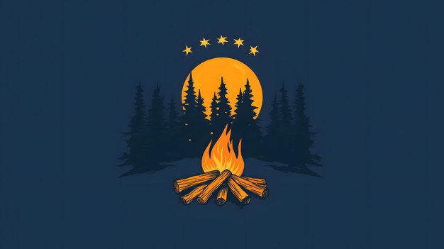 Photo campfire under a full moon with stars and a silhouette of trees