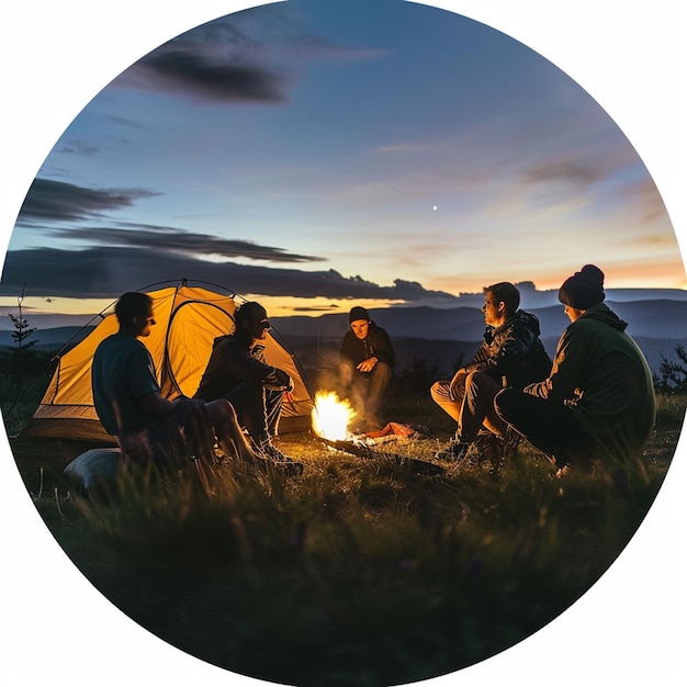 Photo campfire gathering group enjoying a cozy tent camping experience under a blue sky