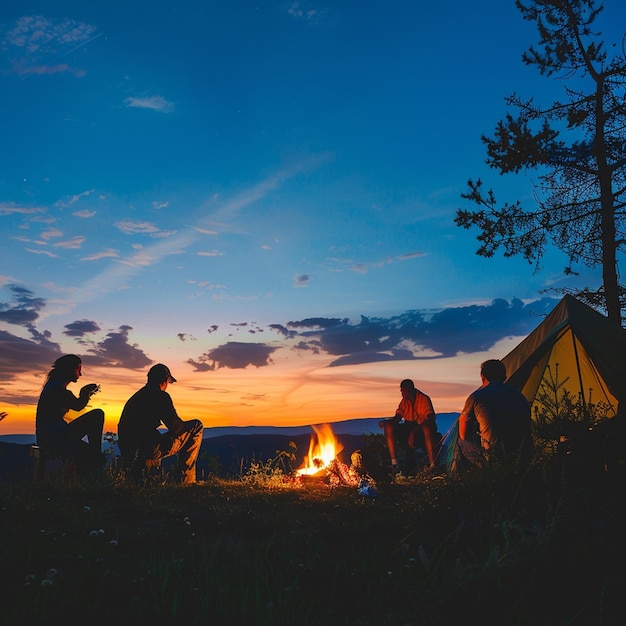 Campfire Gathering Group Enjoying a Cozy Tent Camping Experience under a Blue Sky