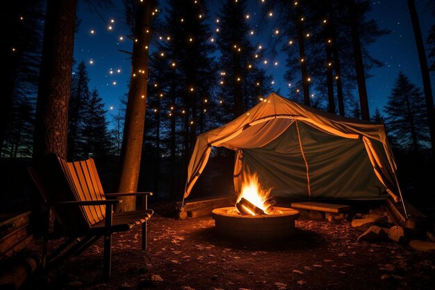 Campfire glowing under a starfilled canopy