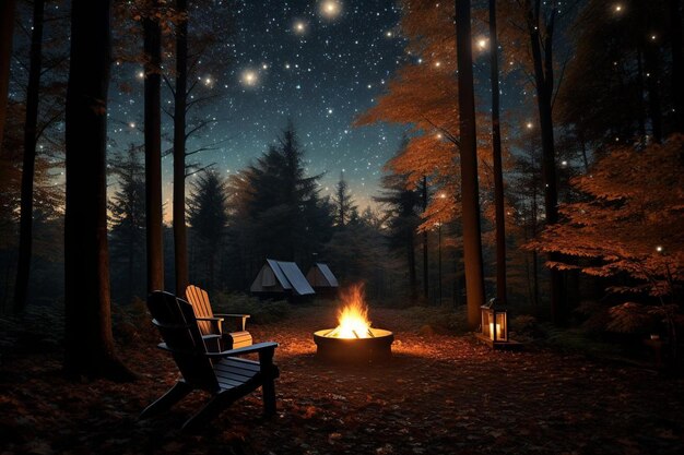 Campfire glowing under a starfilled canopy