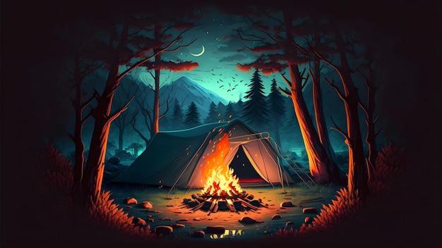 Campfire is burning in front of tourist tent in night forest neural network generated art