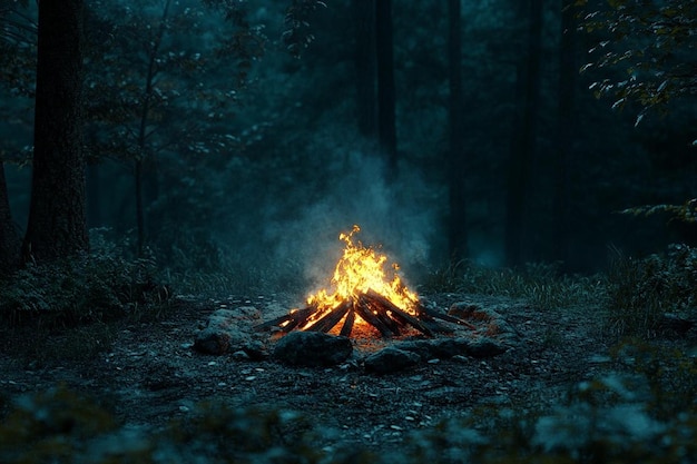 A campfire is lit up in the dark