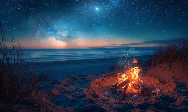 a campfire is lit up at night with a fire in the sand