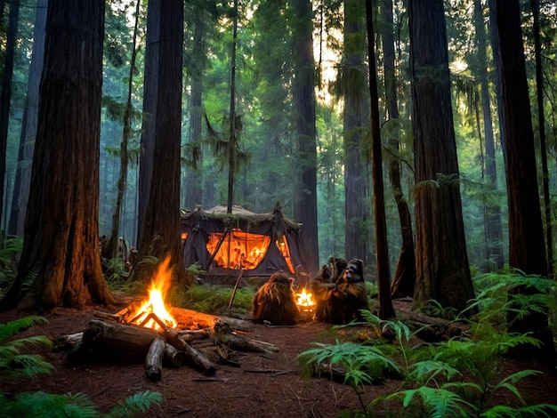 a campfire is set up in a forest with a campfire