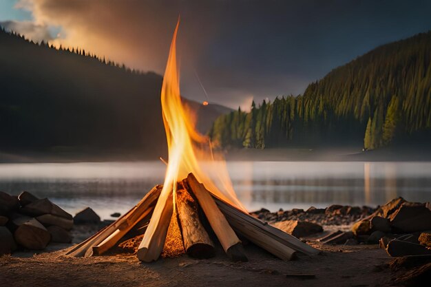 a campfire on a lake with a mountain in the background.