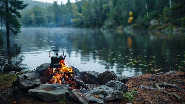 Photo campfire on lakeside with pine forest in background peaceful outdoor nature scene