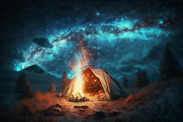 A campfire in the mountains under a starry sky