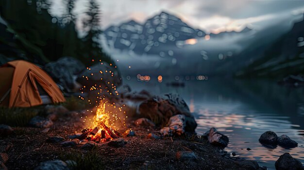 Photo campfire nestled at the edge of an alpine lake with camping gear and tents in the background illuminated by soft twilight lighting