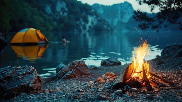 Photo campfire nestled at the edge of an alpine lake with camping gear and tents in the background illuminated by soft twilight lighting