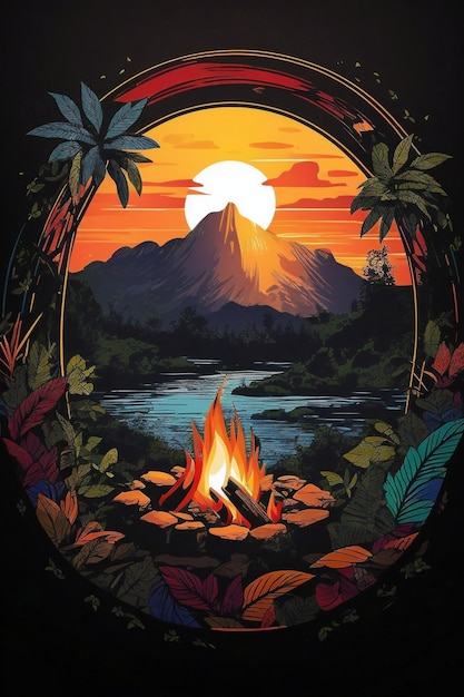 Campfire in the night mountain colorful graphic