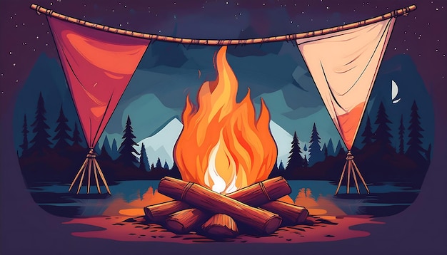 Campfire Pennant A simple pennant design showcasing a flatstyle campfire with logs and forest Graphic art illustration