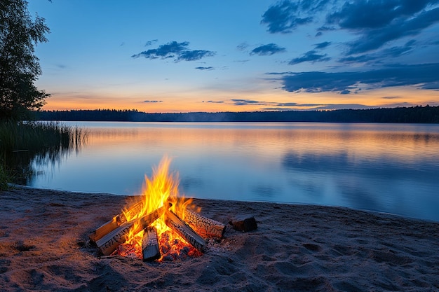 Campfire Reflections in a Quiet Lake photo