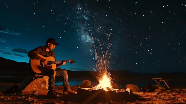 Photo campfire serenade guitarist strumming along