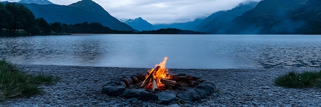 Photo campfire on a serene lakeside beach