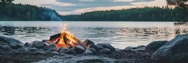 Photo campfire on a serene lakeside beach