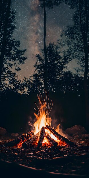 Campfire under a starry night sky