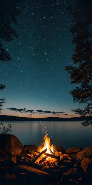 Campfire under a starry sky