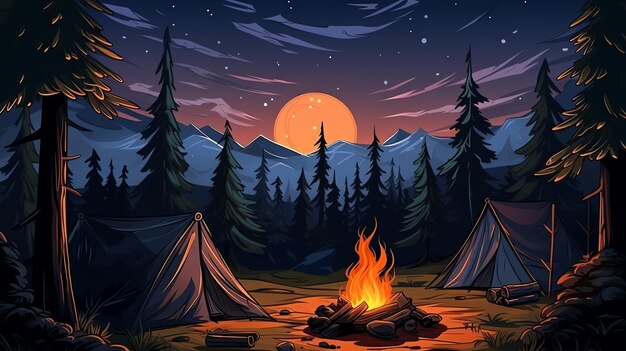 Campfire under the stars with tents in a mountain forest