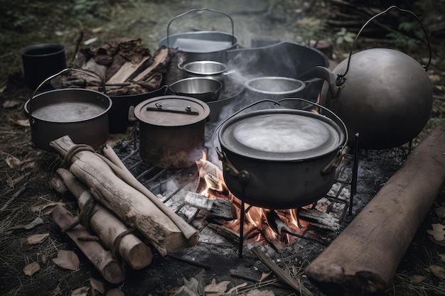 Campfire surrounded by cooking pots and pans ready for a hot meal created with generative ai