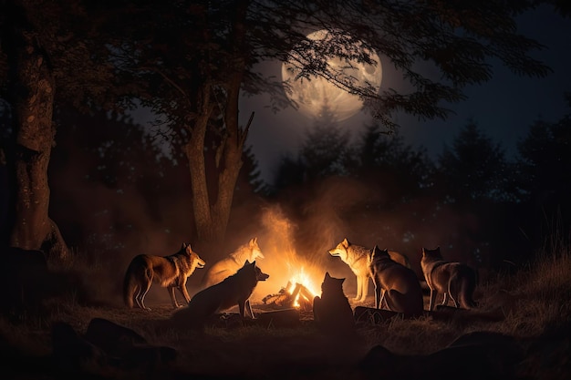 Campfire surrounded by a pack of wolves howling at the moon created with generative ai