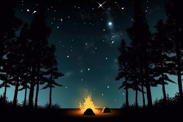 Campfire surrounded by silhouettes of trees decorated with sparkles of stars in the night sky