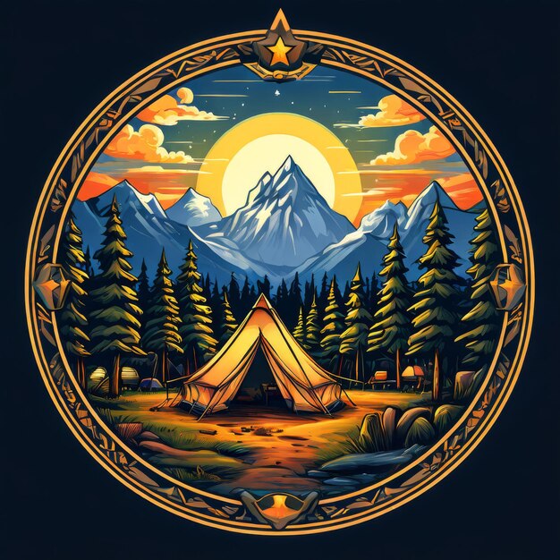 Campfire and tent as camping vacation illustration in