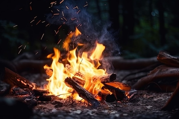 Campfire at touristic camp in the night Flame and fire sparks on dark background Generative AI